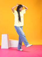 Women's Solid Light Yellow Oversized Round Neck Cotton Lycra T-shirt