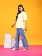 Women's Solid Light Yellow Oversized Round Neck Cotton Lycra T-shirt