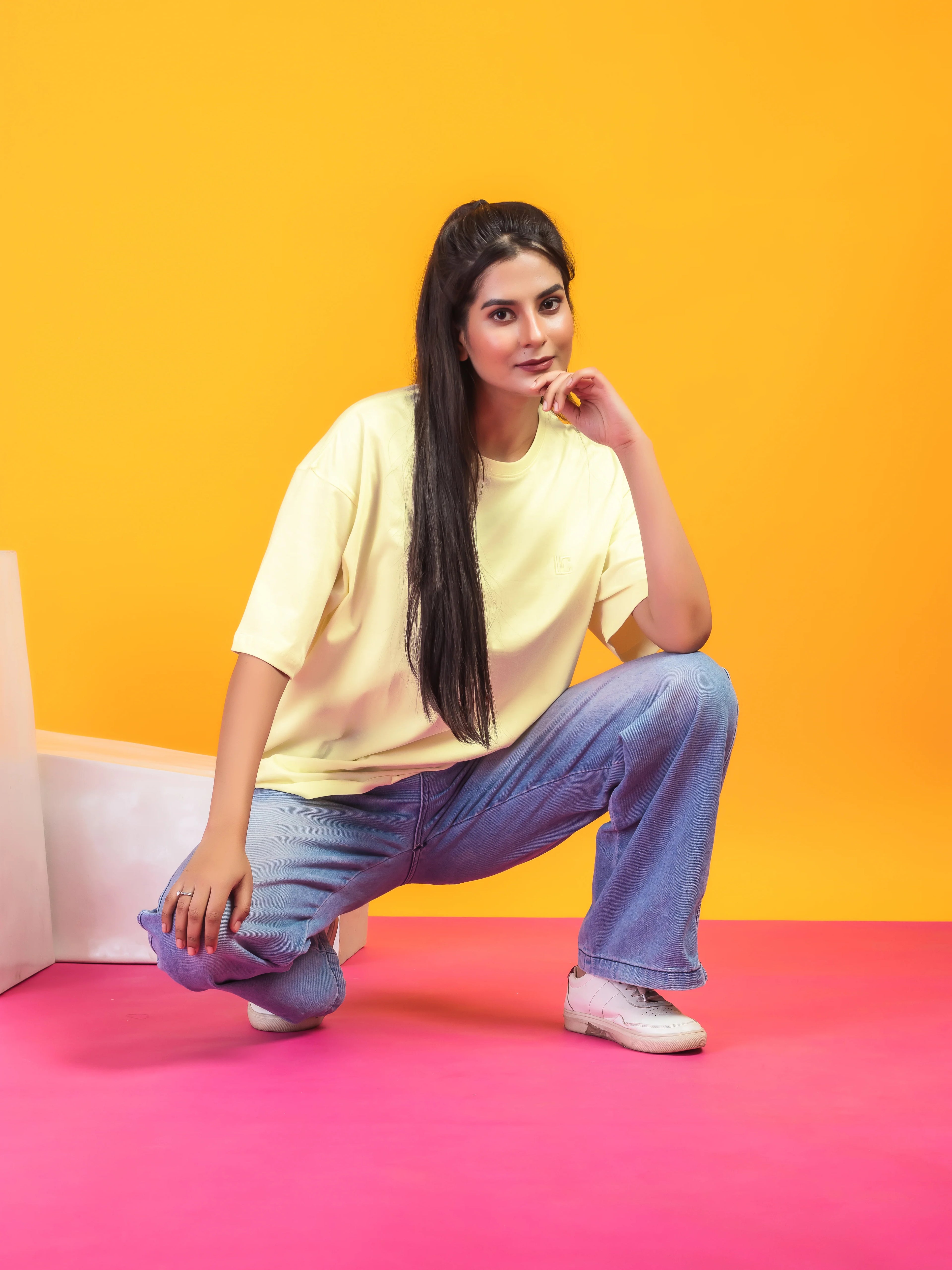Women's Solid Light Yellow Oversized Round Neck Cotton Lycra T-shirt