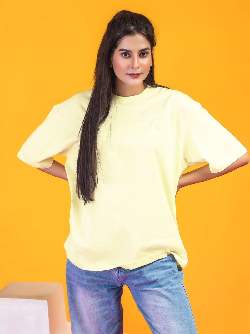 Women's Solid Light Yellow Oversized Round Neck Cotton Lycra T-shirt