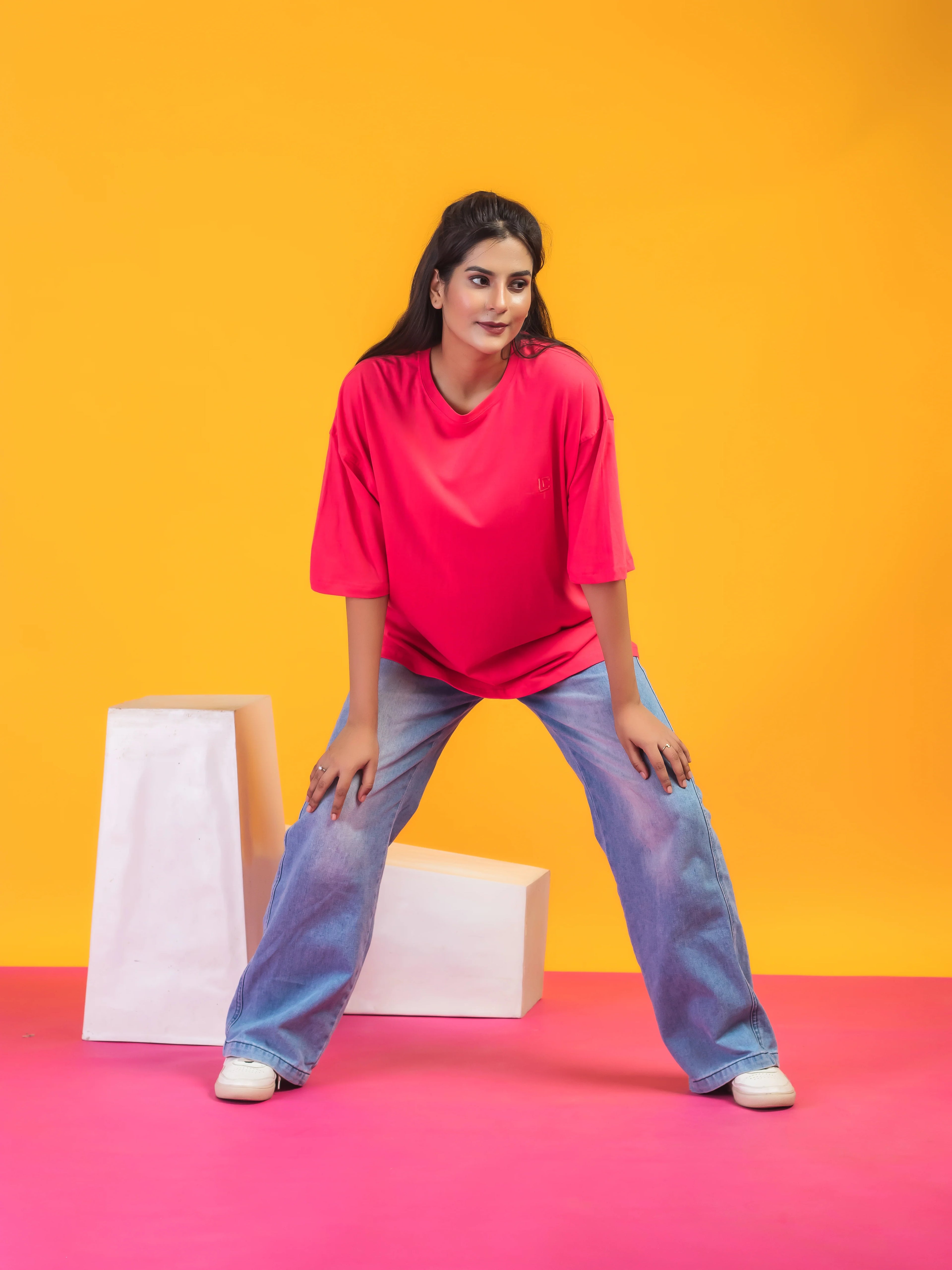 Women's Solid Fuschia Pink Oversized Round Neck Cotton Lycra T-shirt