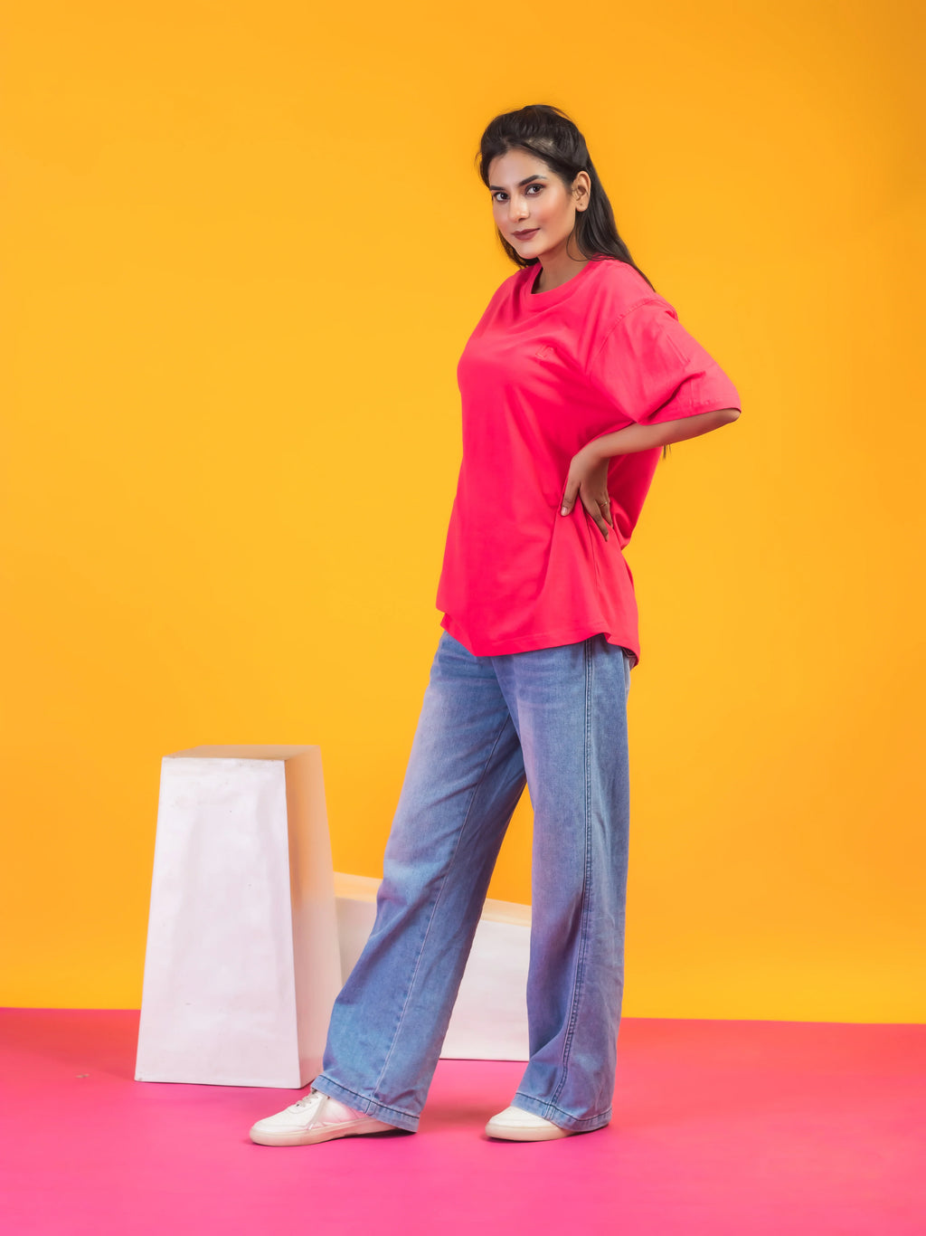 Women's Solid Fuschia Pink Oversized Round Neck Cotton Lycra T-shirt