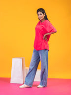 Women's Solid Fuschia Pink Oversized Round Neck Cotton Lycra T-shirt