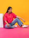 Women's Solid Fuschia Pink Oversized Round Neck Cotton Lycra T-shirt