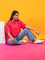 Women's Solid Fuschia Pink Oversized Round Neck Cotton Lycra T-shirt