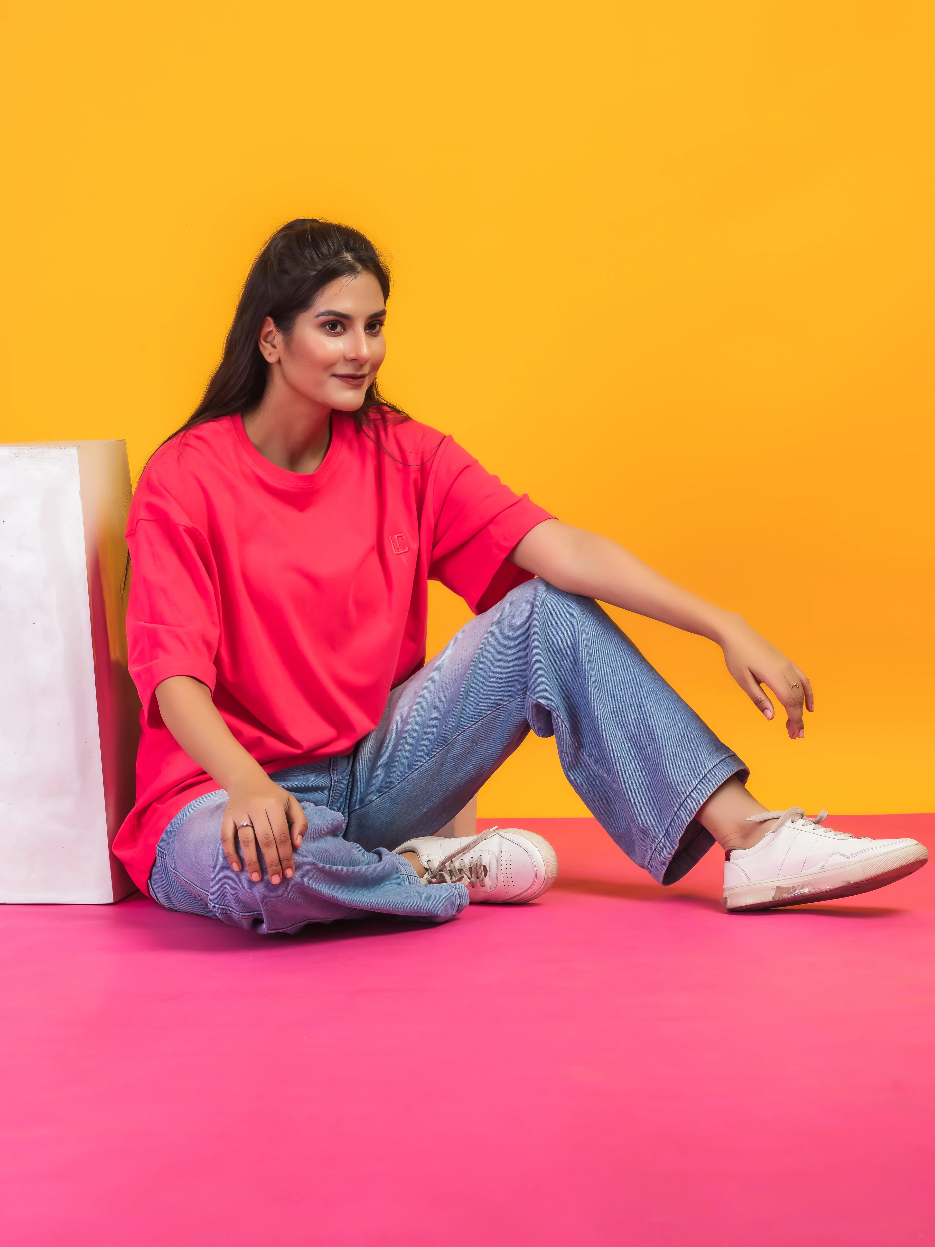 Women's Solid Fuschia Pink Oversized Round Neck Cotton Lycra T-shirt