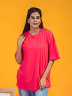 Women's Solid Fuschia Pink Oversized Round Neck Cotton Lycra T-shirt
