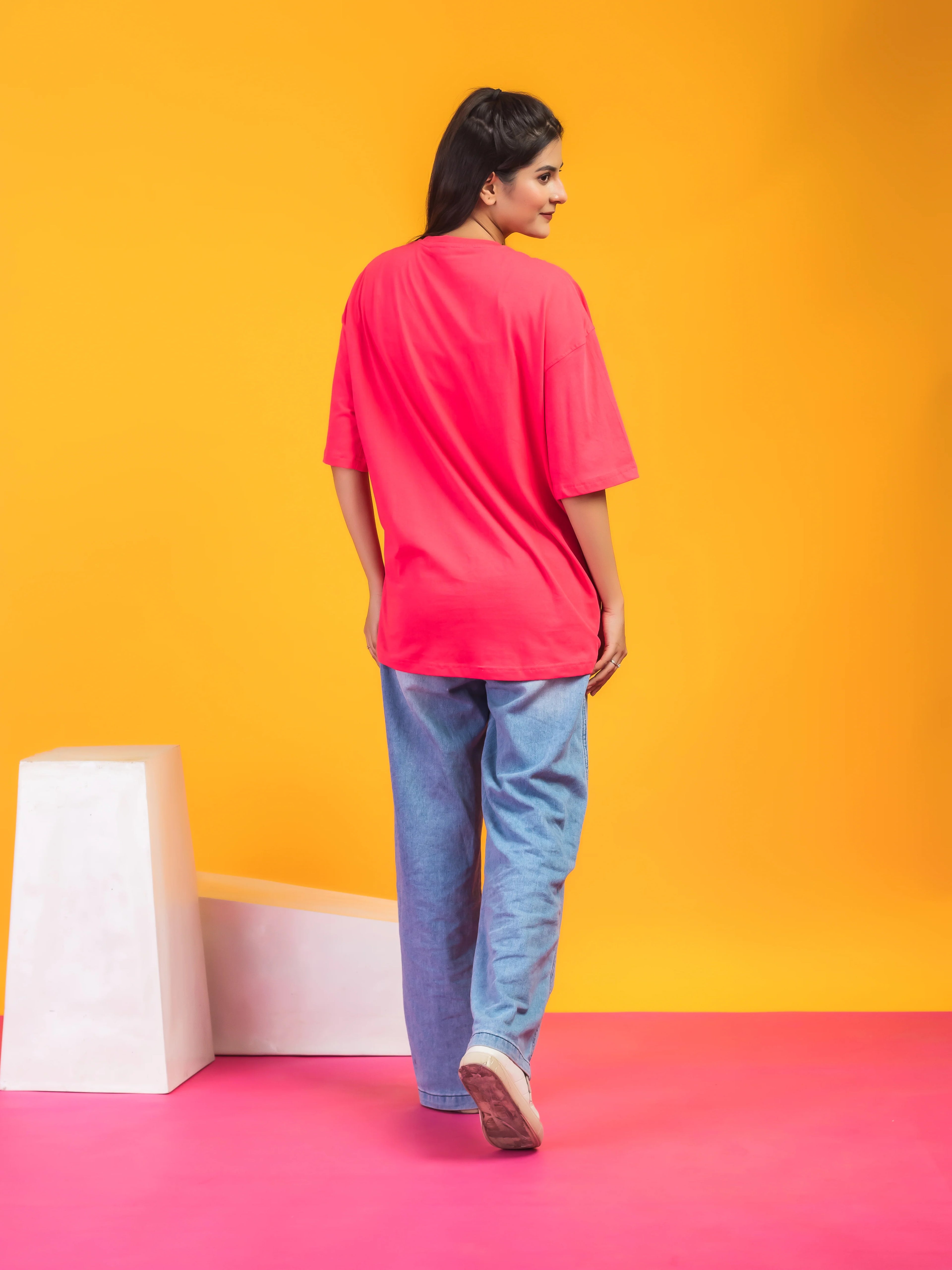 Women's Solid Fuschia Pink Oversized Round Neck Cotton Lycra T-shirt