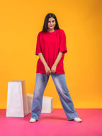 Women's Solid Red Oversized Round Neck Cotton Lycra T-shirt