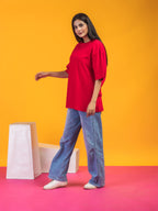 Women's Solid Red Oversized Round Neck Cotton Lycra T-shirt