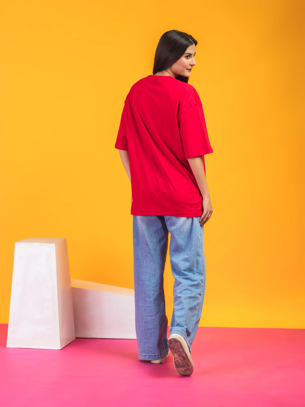 Women's Solid Red Oversized Round Neck Cotton Lycra T-shirt