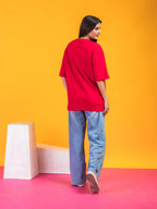 Women's Solid Red Oversized Round Neck Cotton Lycra T-shirt