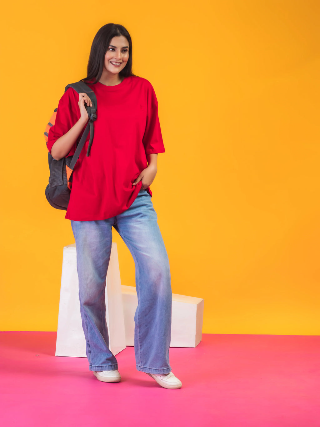 Women's Solid Red Oversized Round Neck Cotton Lycra T-shirt