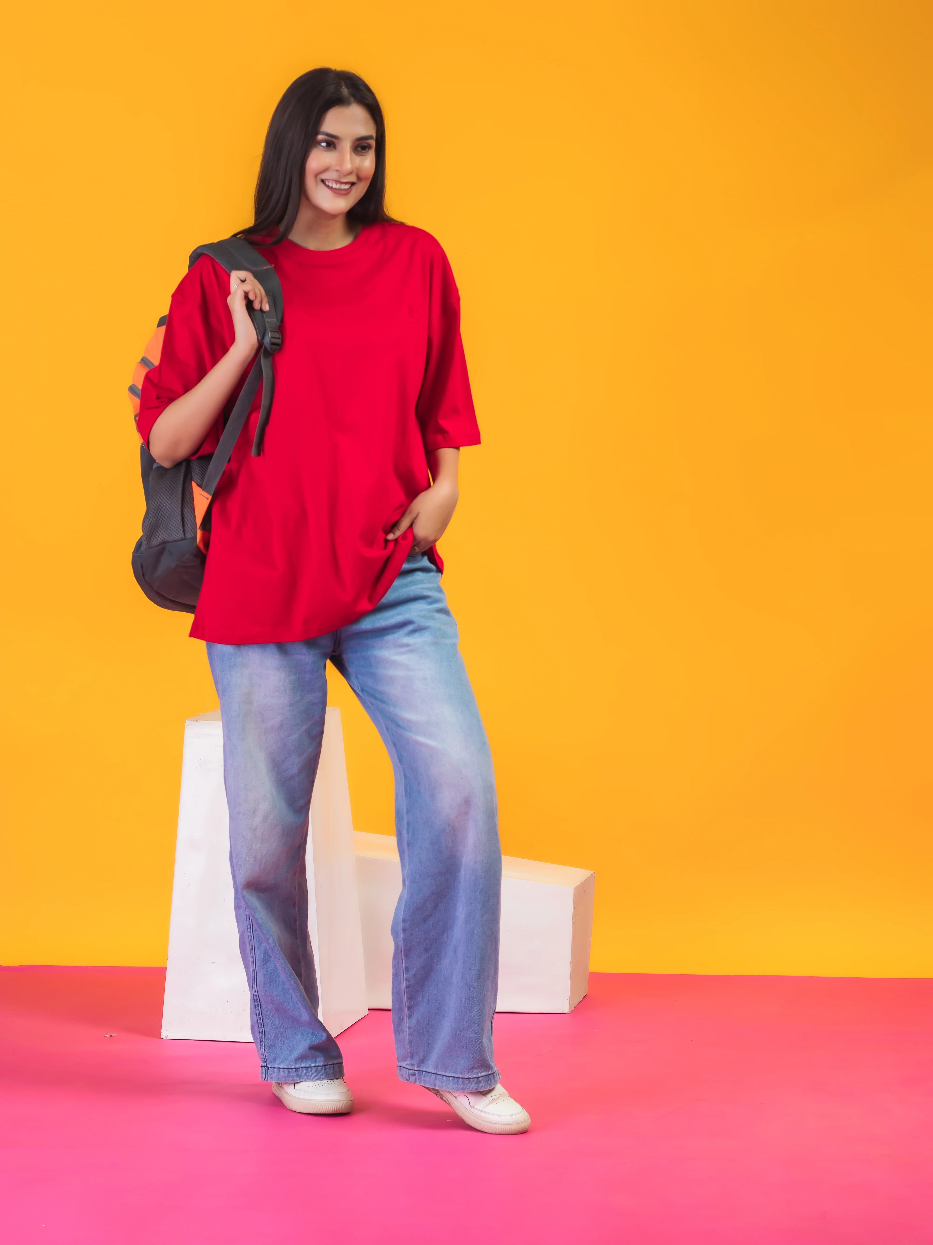 Women's Solid Red Oversized Round Neck Cotton Lycra T-shirt