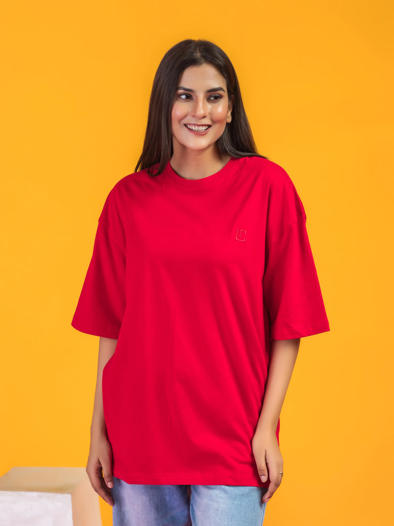 Women's Solid Red Oversized Round Neck Cotton Lycra T-shirt