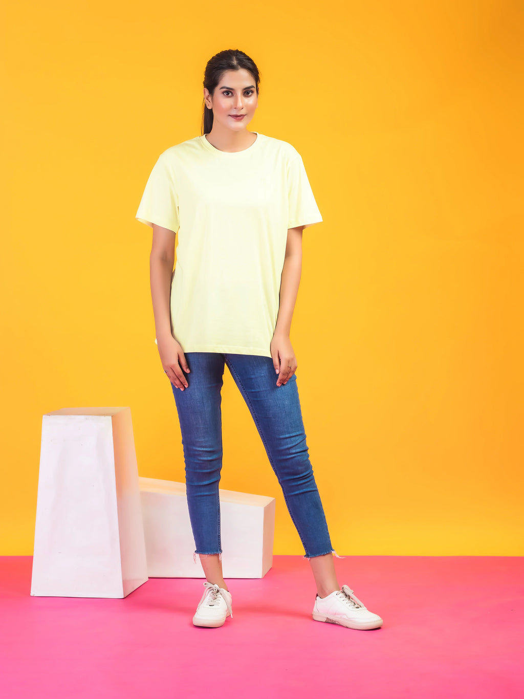 Women's Solid Light Yellow Round Neck T-shirt