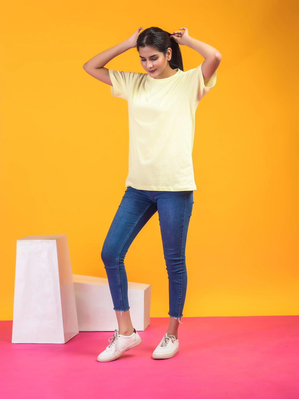 Women's Solid Light Yellow Round Neck T-shirt