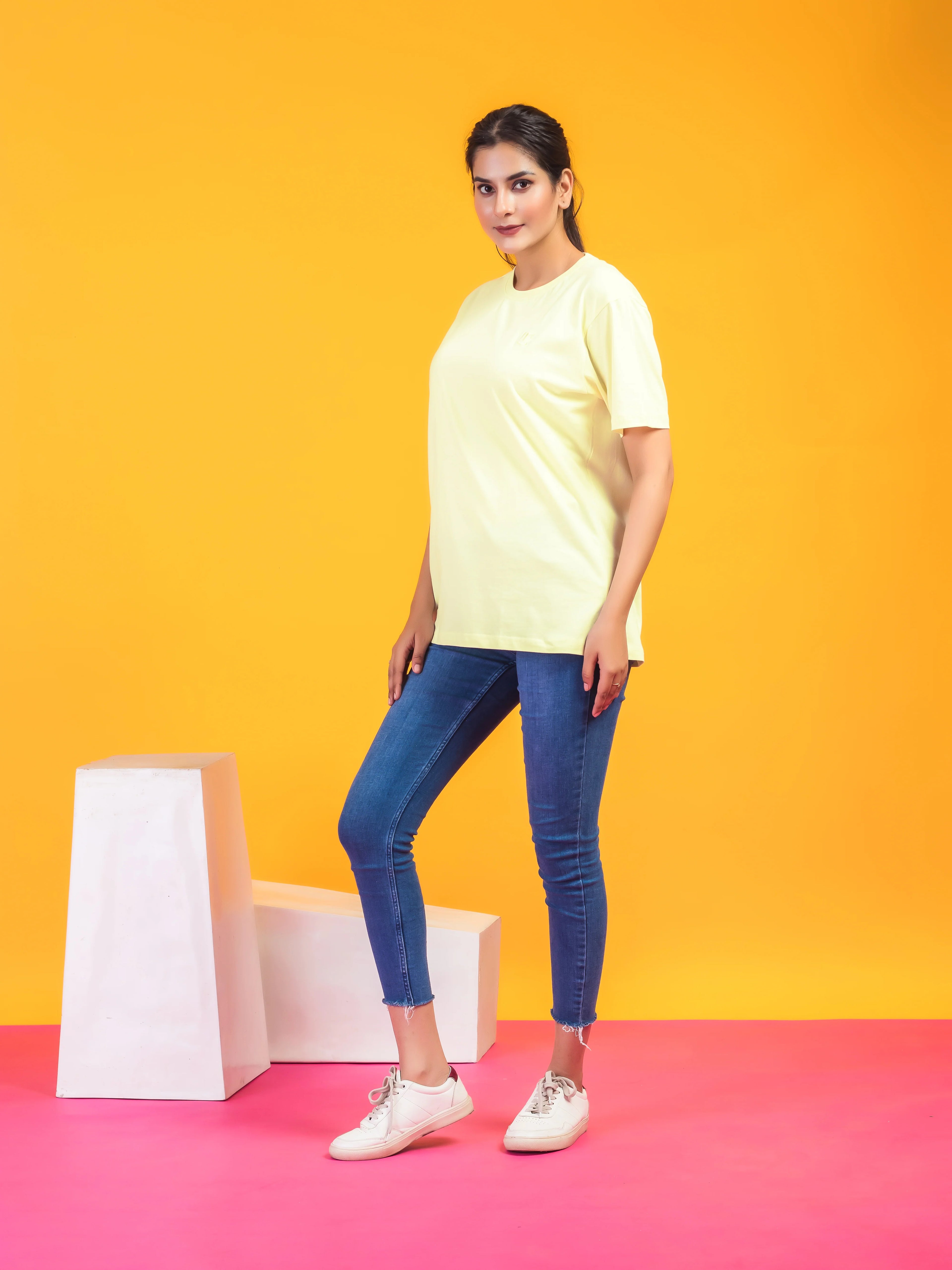 Women's Solid Light Yellow Round Neck T-shirt