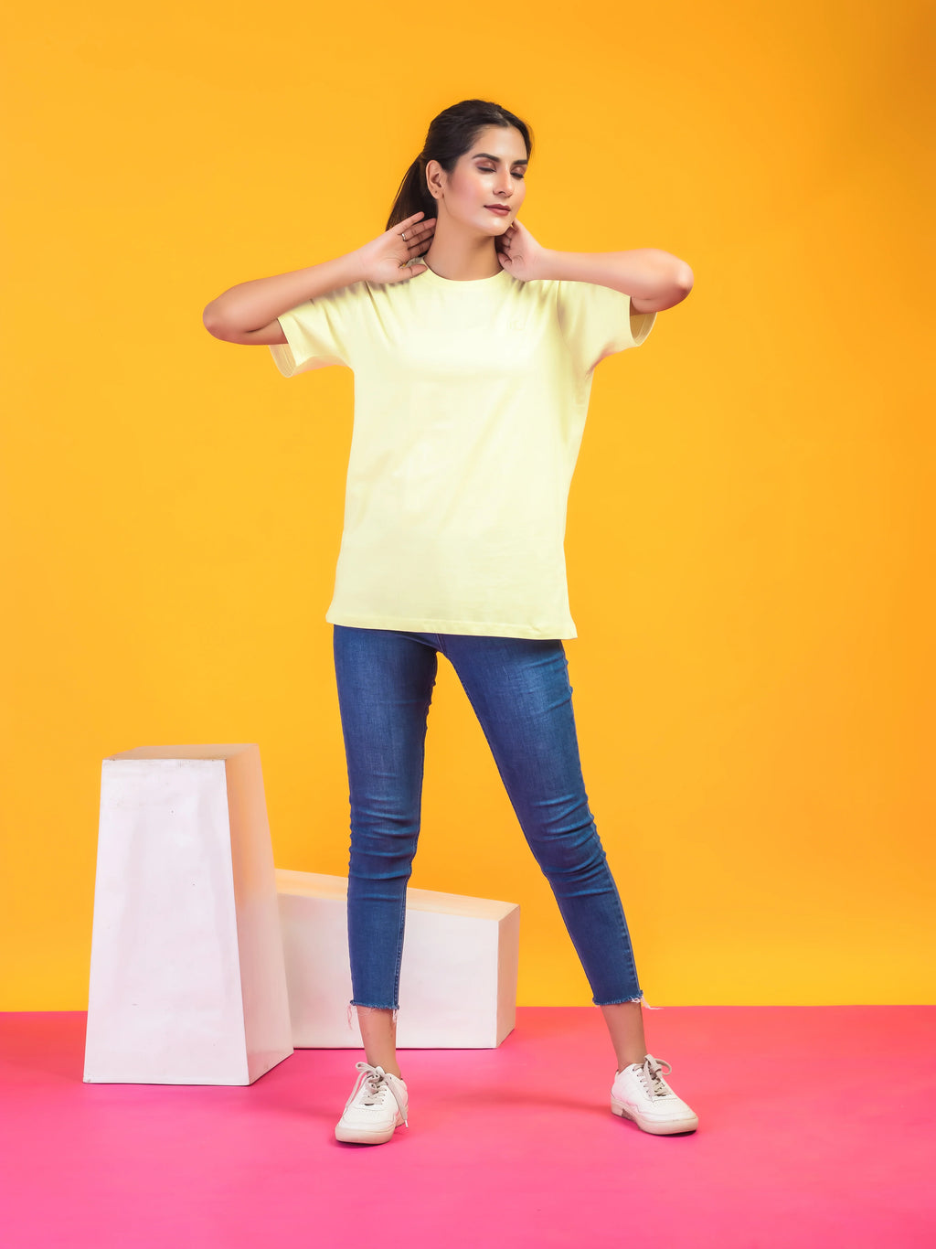 Women's Solid Light Yellow Round Neck T-shirt