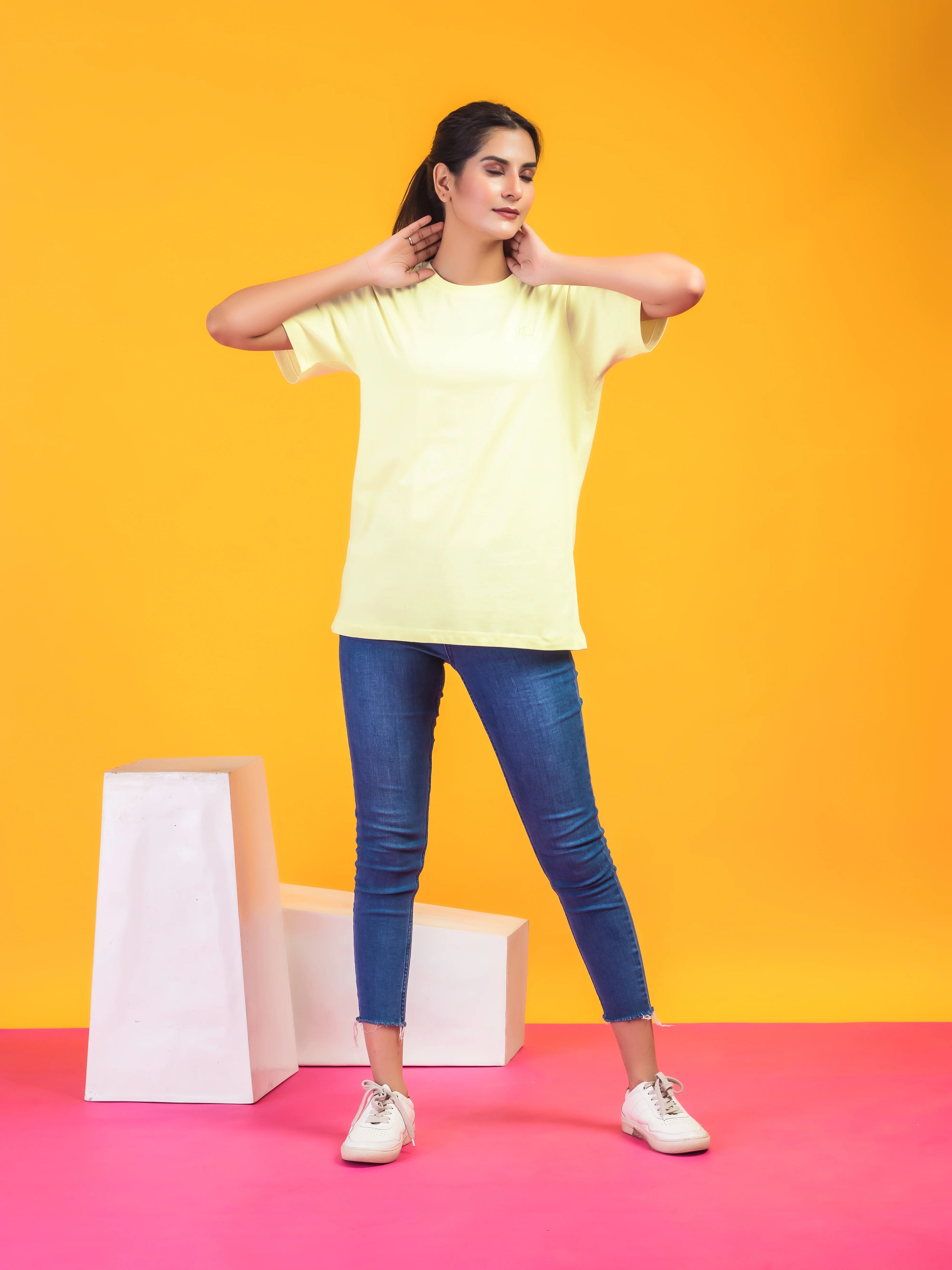 Women's Solid Light Yellow Round Neck T-shirt