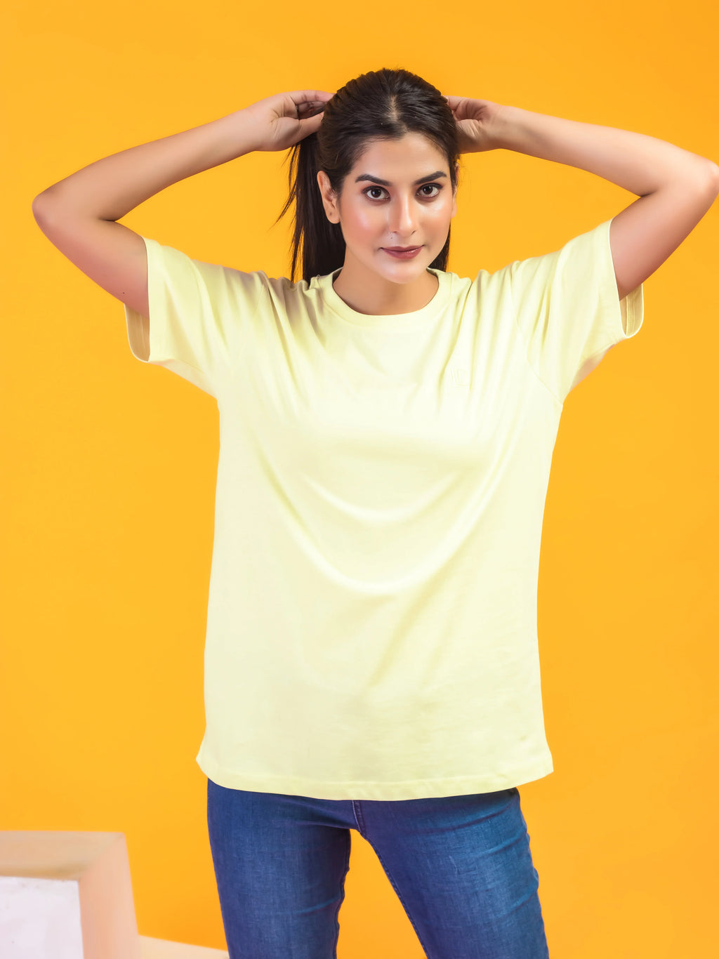 Women's Solid Light Yellow Round Neck T-shirt