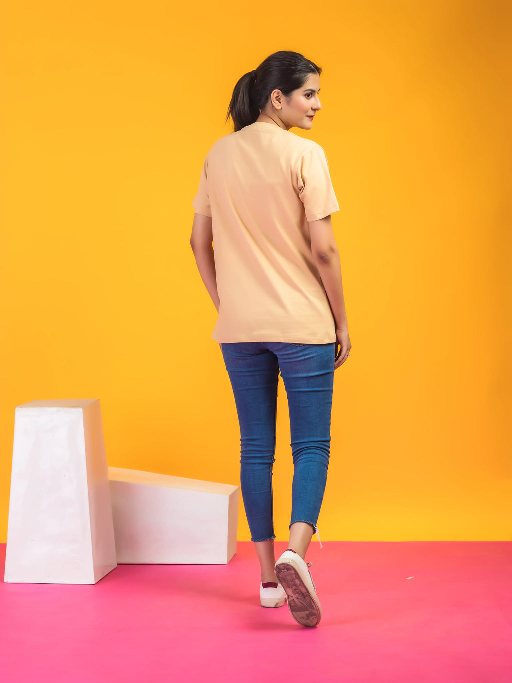 Women's Solid Beige Round Neck T-shirt