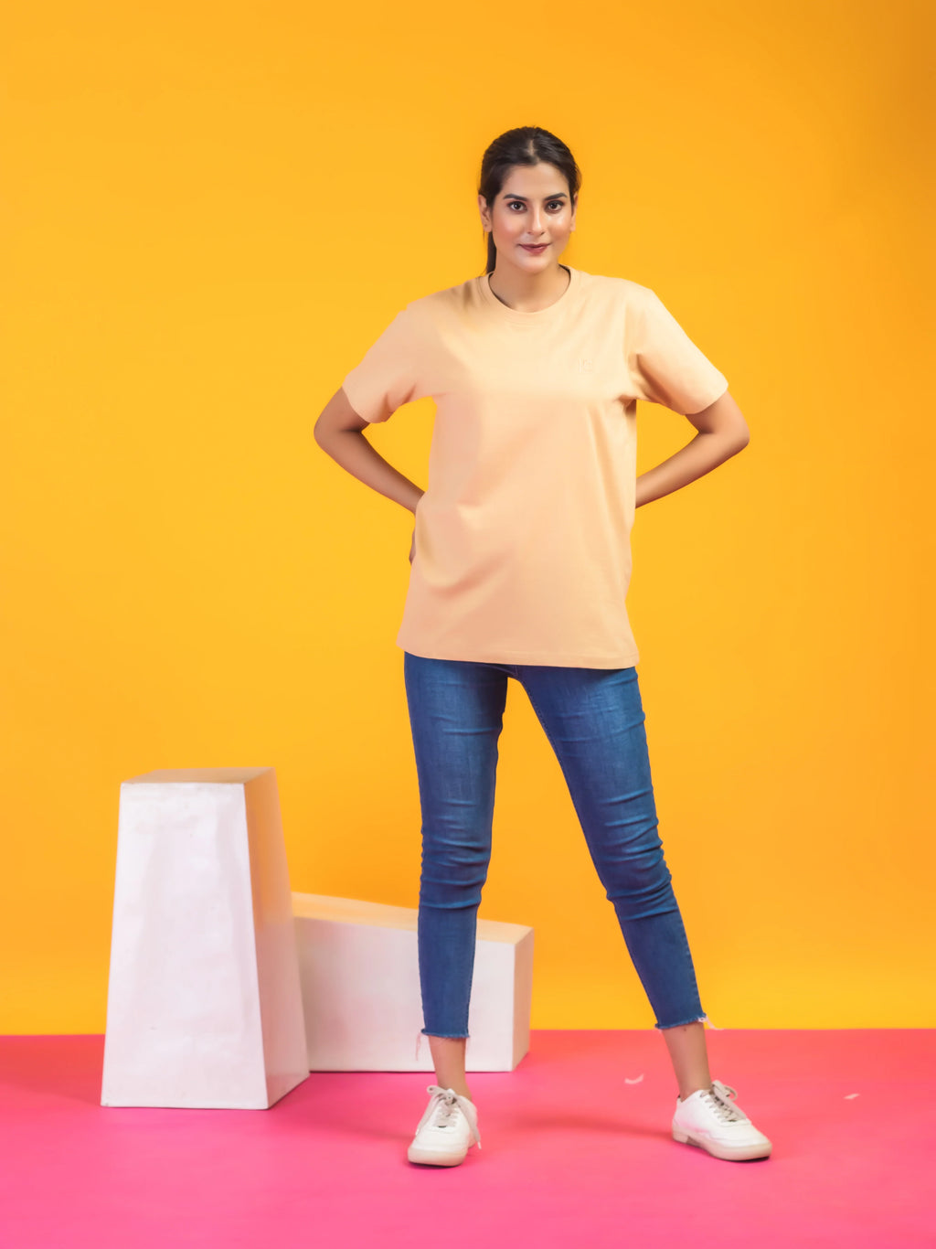 Women's Solid Beige Round Neck T-shirt