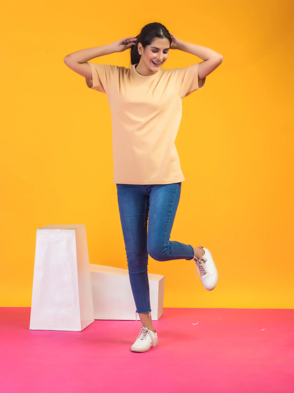 Women's Solid Beige Round Neck T-shirt