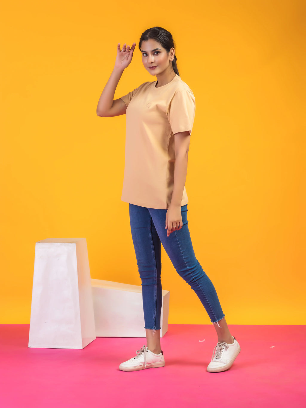 Women's Solid Beige Round Neck T-shirt