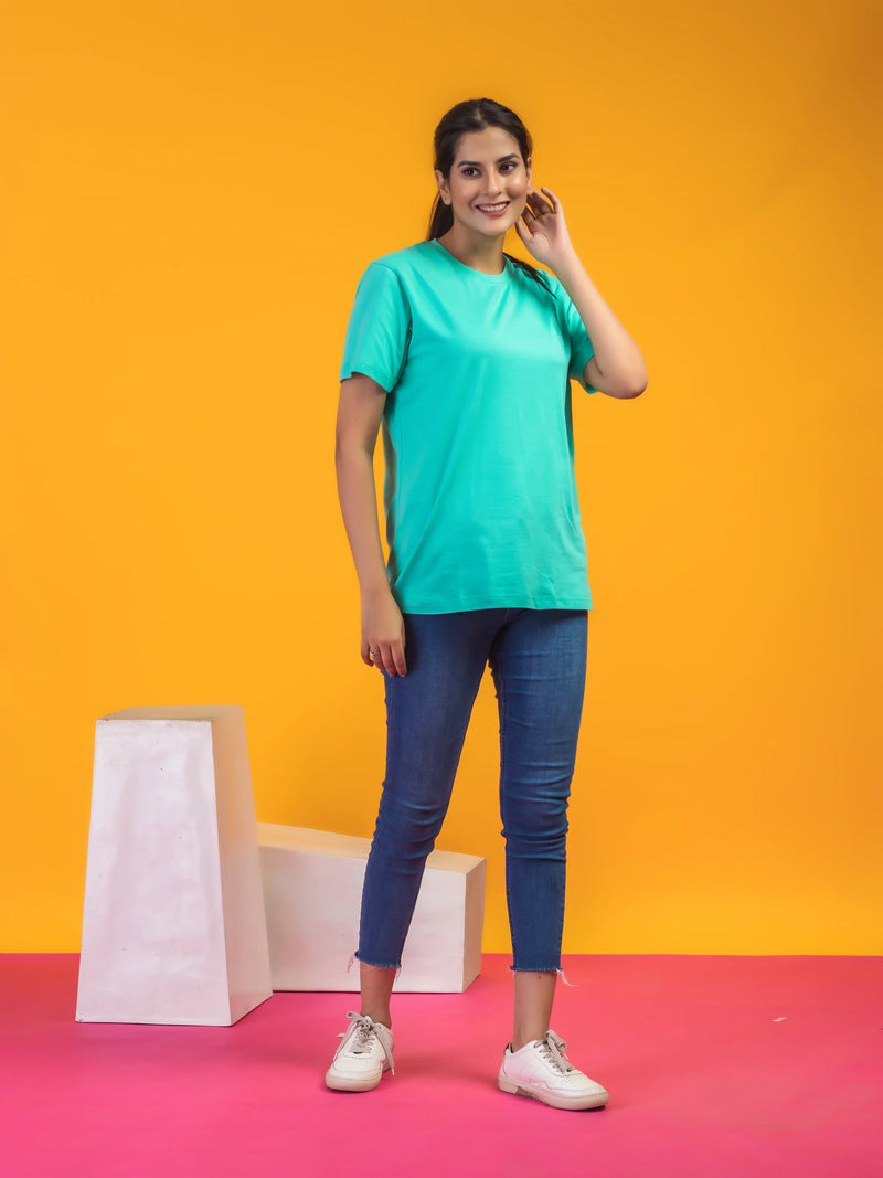Women's Solid Sea Green Round Neck T-shirt
