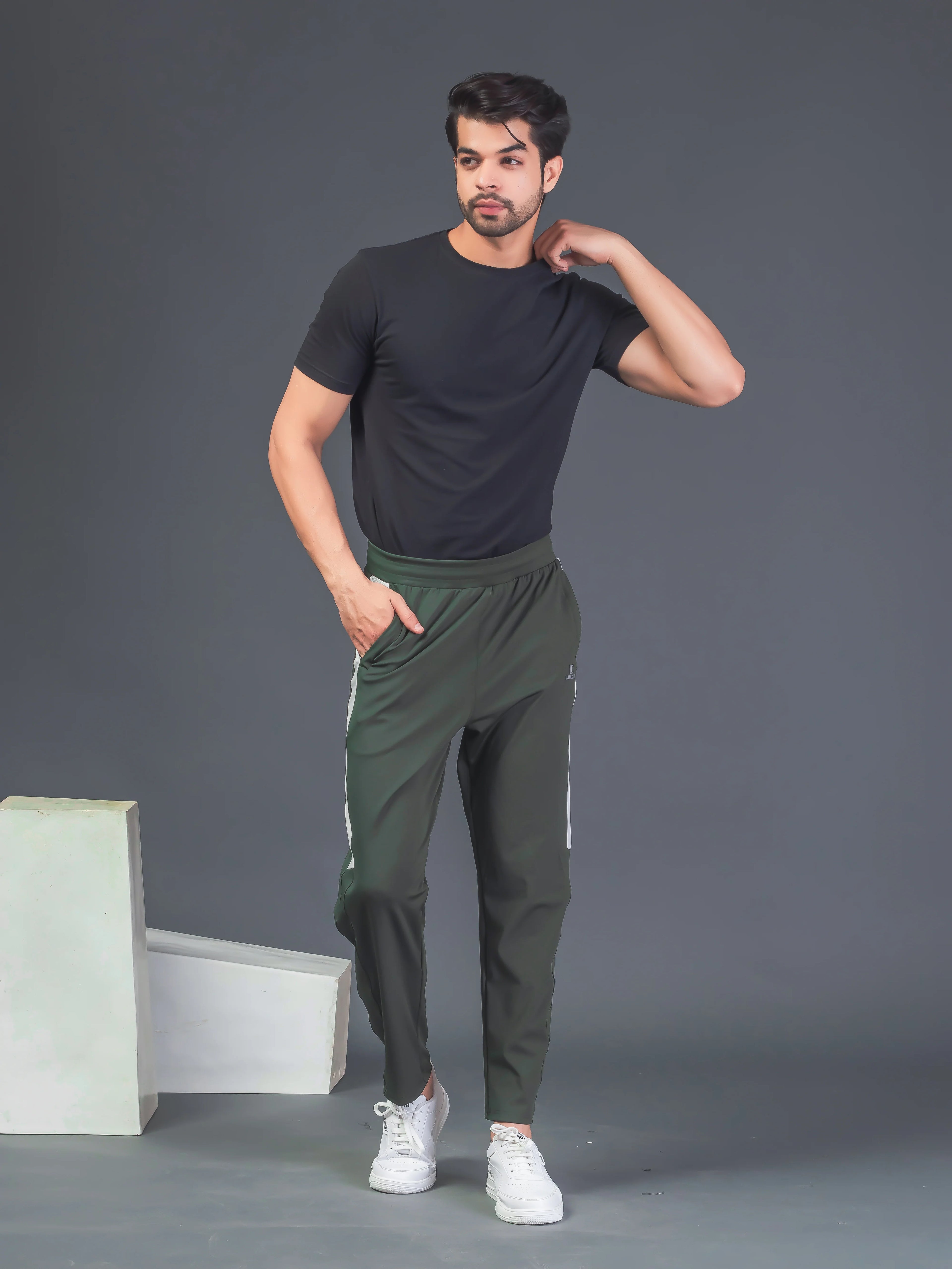 DynamicFlex Men's Daily Wear Army Green 4-Way Lycra Track Pant