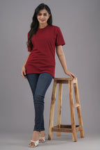 Women's Solid Maroon Round Neck T-shirt