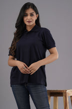 Women's Solid Navy Blue Polo Neck T-shirt