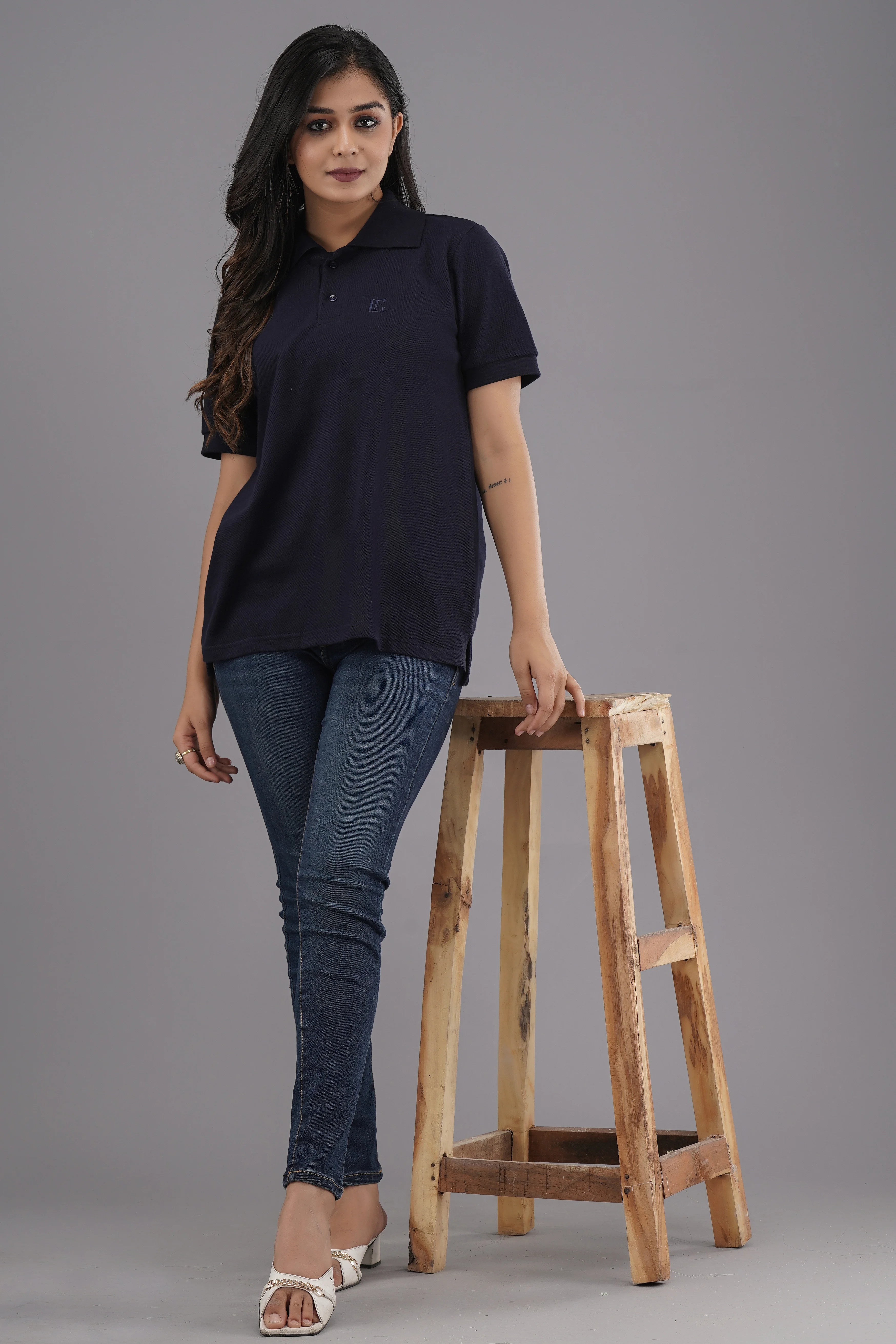Women's Solid Navy Blue Polo Neck T-shirt