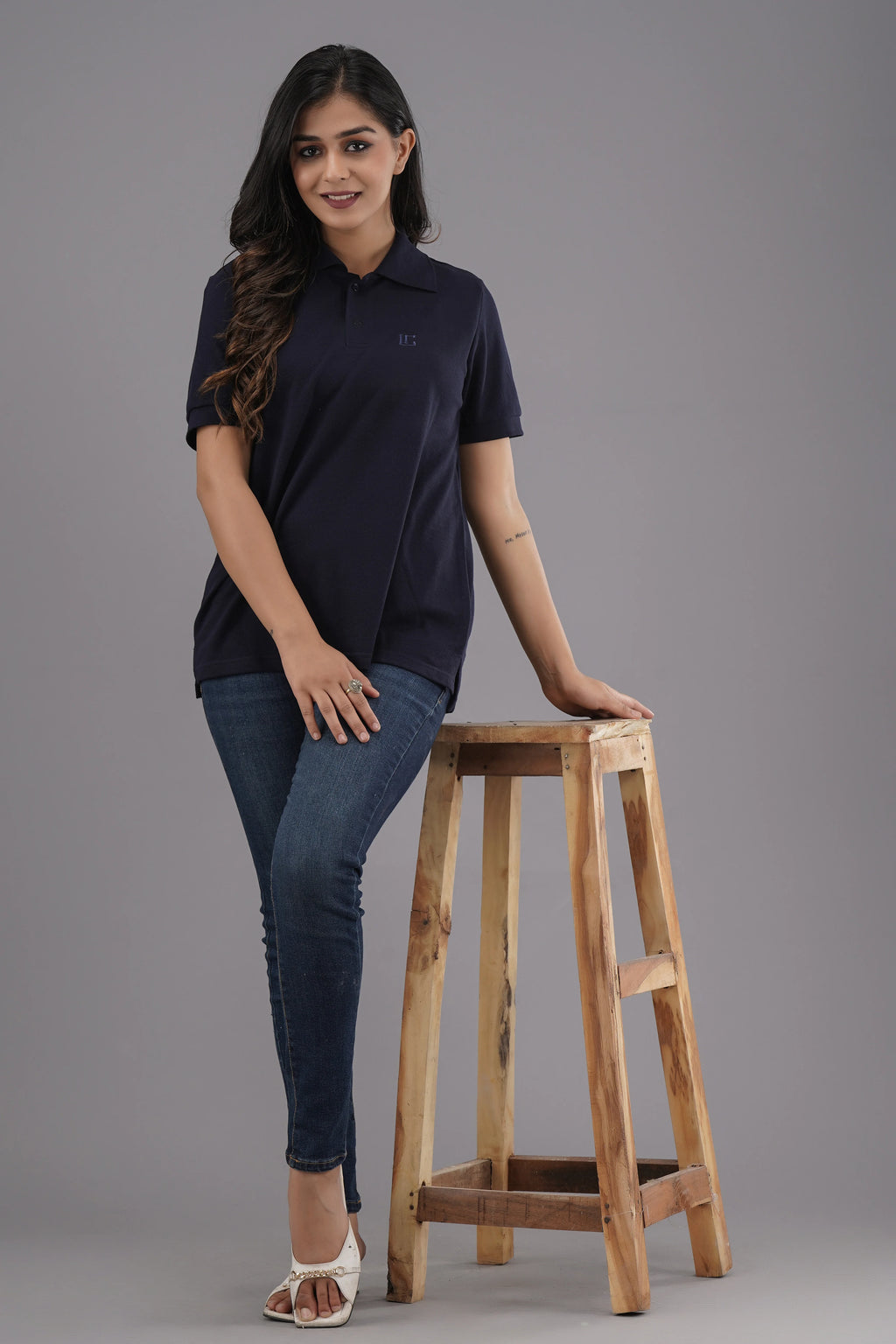 Women's Solid Navy Blue Polo Neck T-shirt