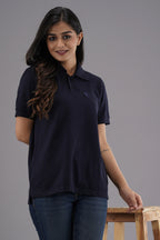 Women's Solid Navy Blue Polo Neck T-shirt