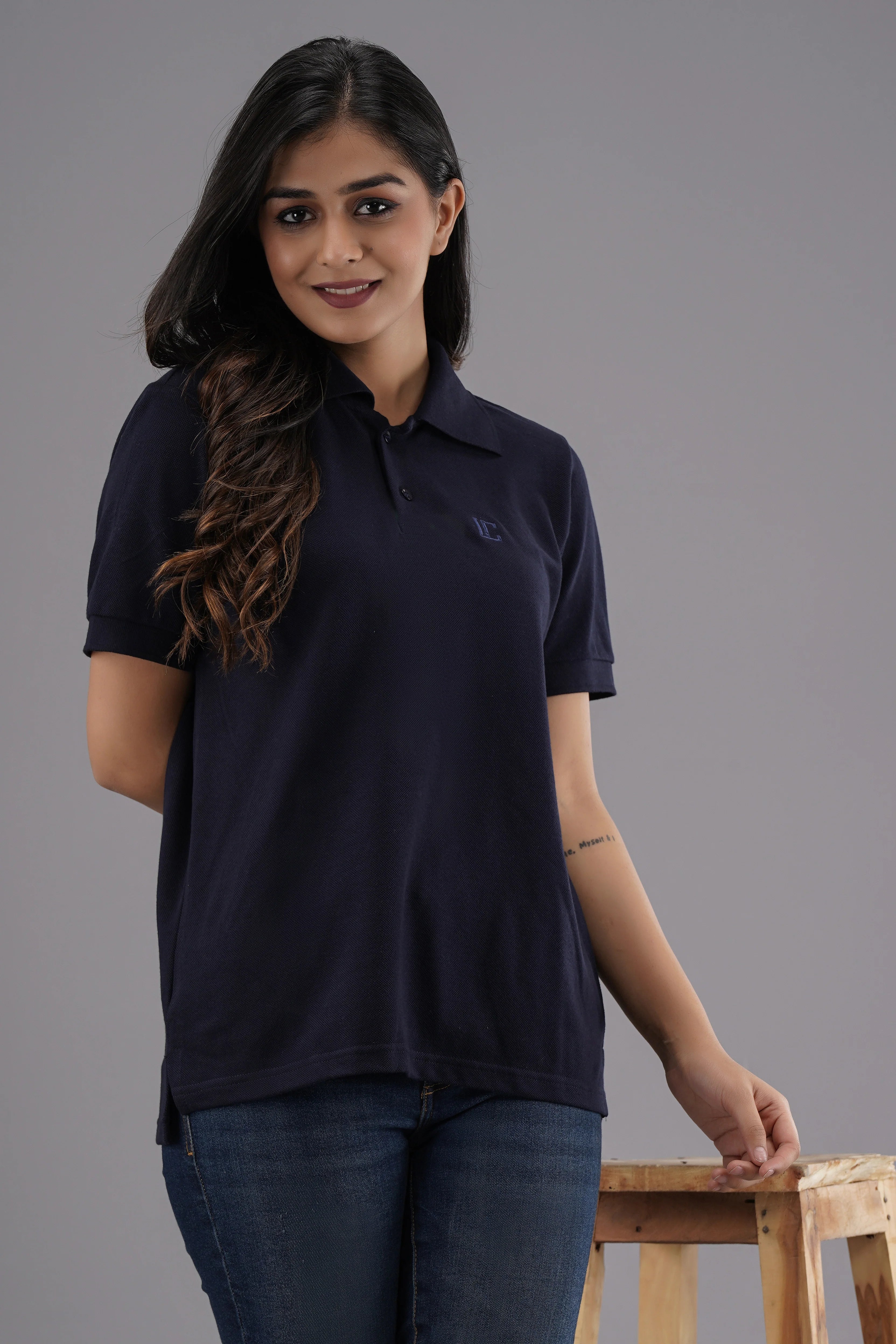 Women's Solid Navy Blue Polo Neck T-shirt