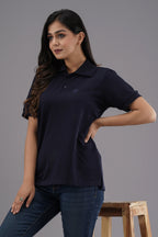 Women's Solid Navy Blue Polo Neck T-shirt