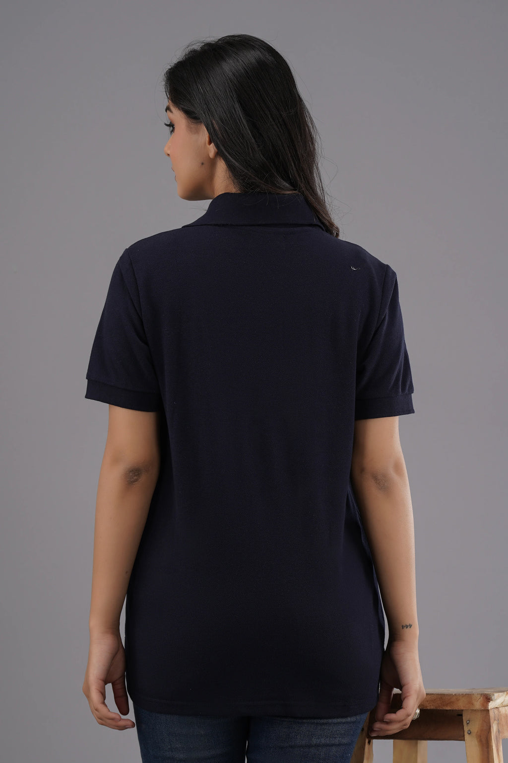 Women's Solid Navy Blue Polo Neck T-shirt