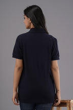 Women's Solid Navy Blue Polo Neck T-shirt