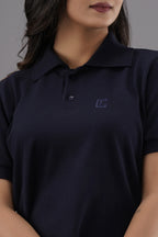 Women's Solid Navy Blue Polo Neck T-shirt