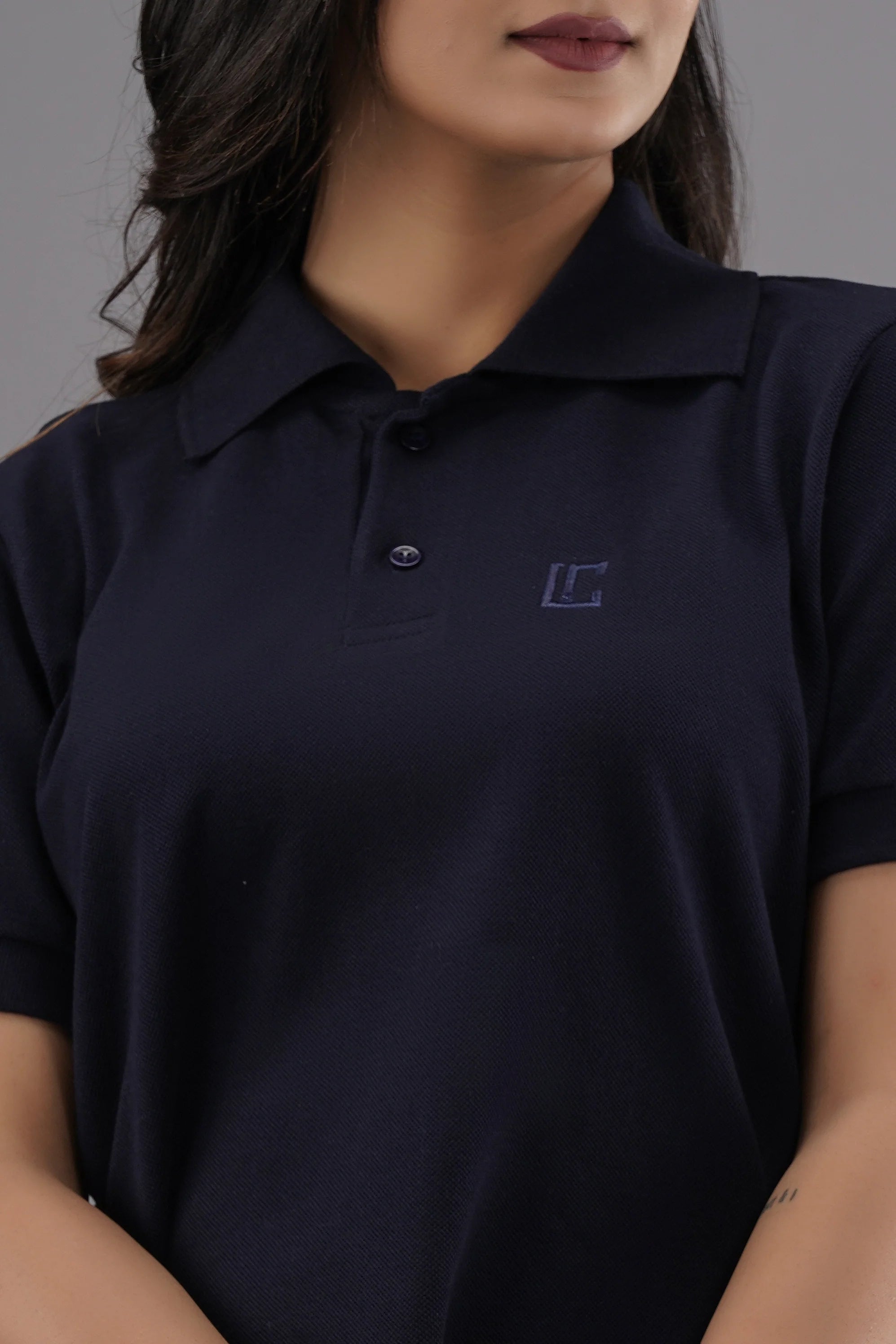 Women's Solid Navy Blue Polo Neck T-shirt
