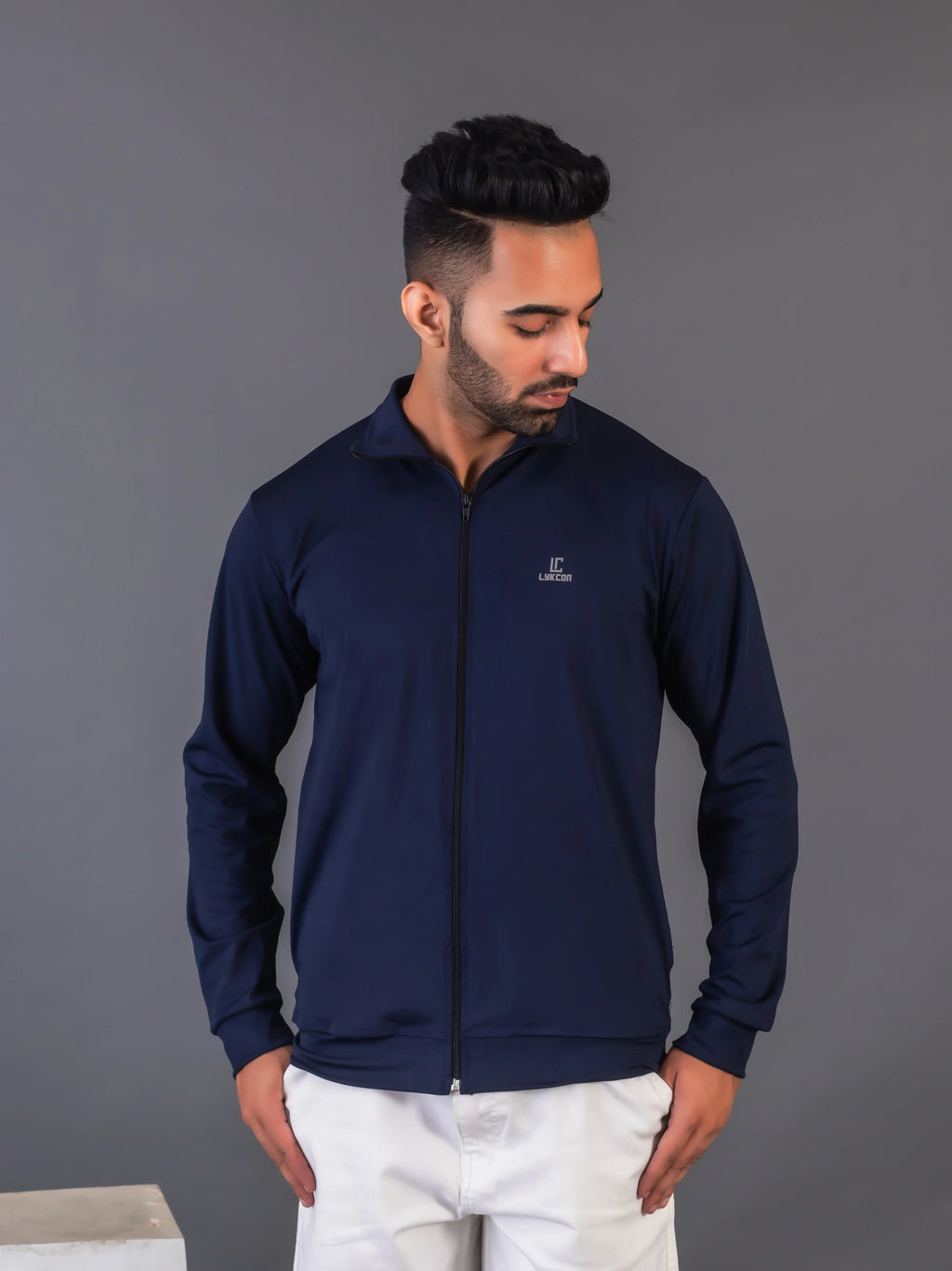 Men's Navy Blue 4-Way Lycra Zipper Jacket