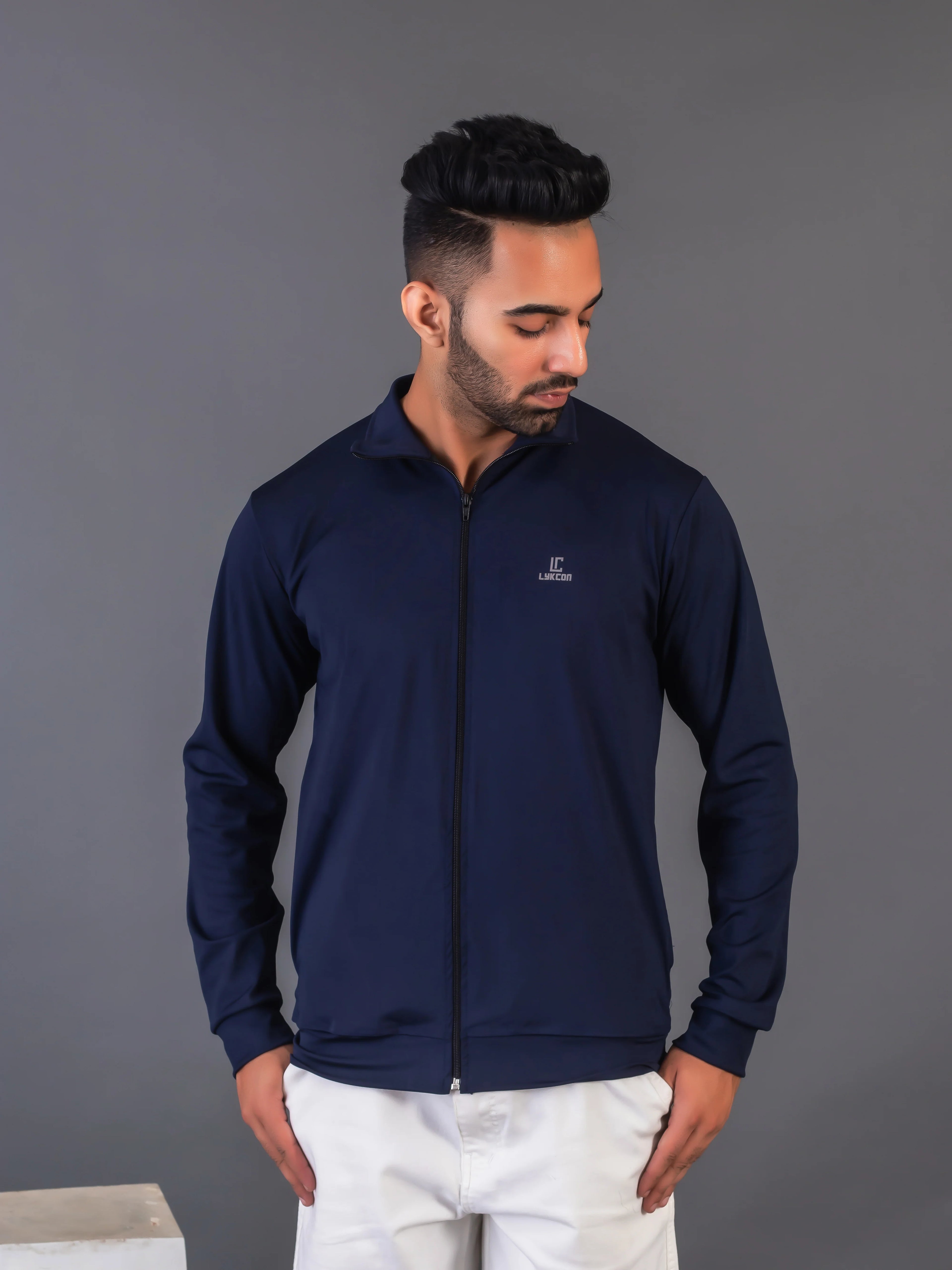 Men's Navy Blue 4-Way Lycra Zipper Jacket