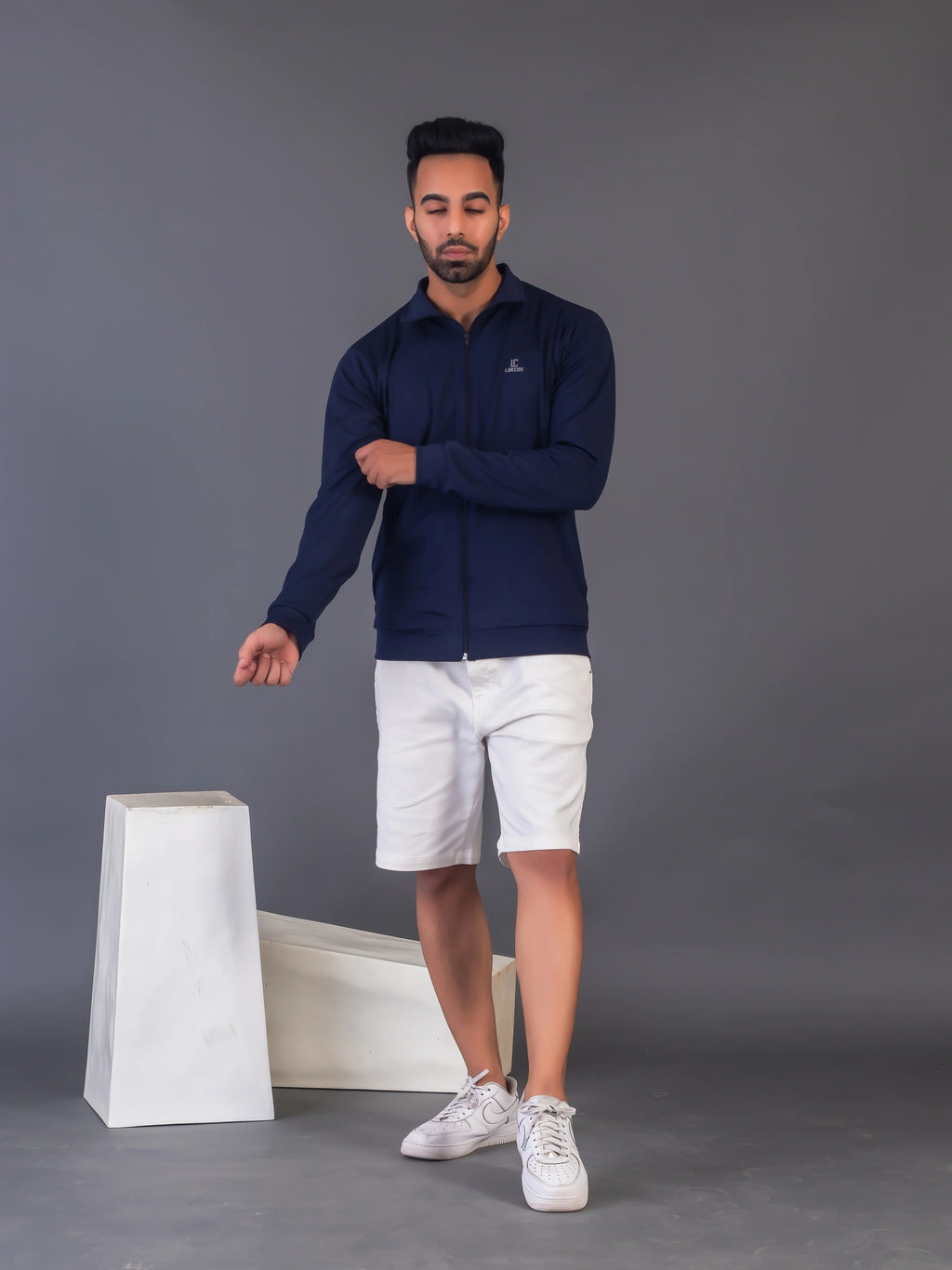 Men's Navy Blue 4-Way Lycra Zipper Jacket