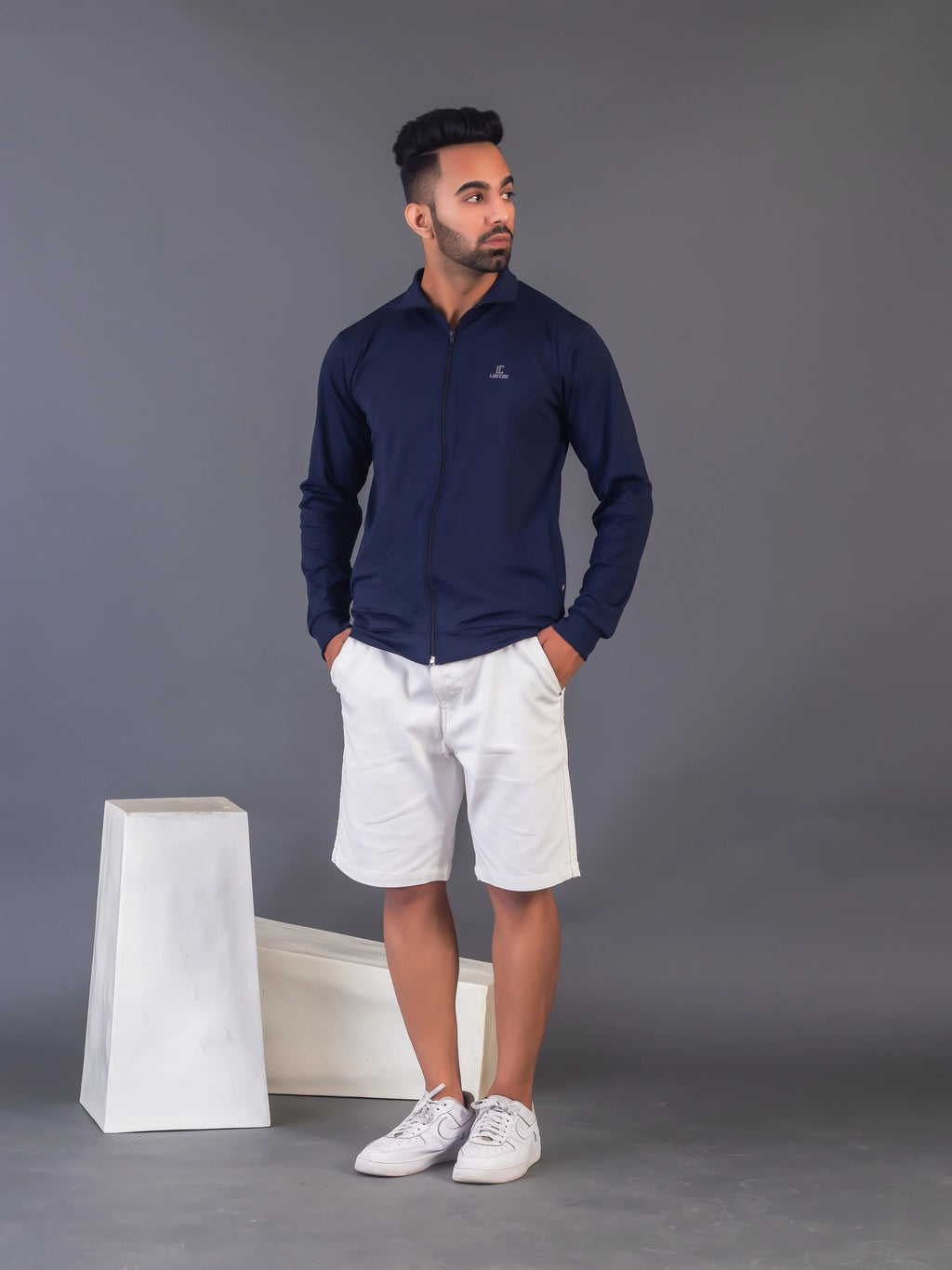 Men's Navy Blue 4-Way Lycra Zipper Jacket