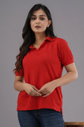 Women's Solid Red Polo Neck T-shirt