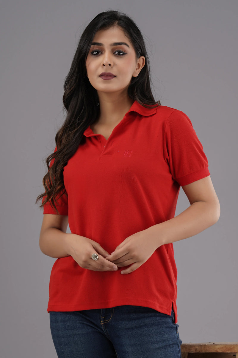 Women's Solid Red Polo Neck T-shirt