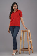 Women's Solid Red Polo Neck T-shirt