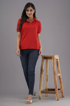 Women's Solid Red Polo Neck T-shirt